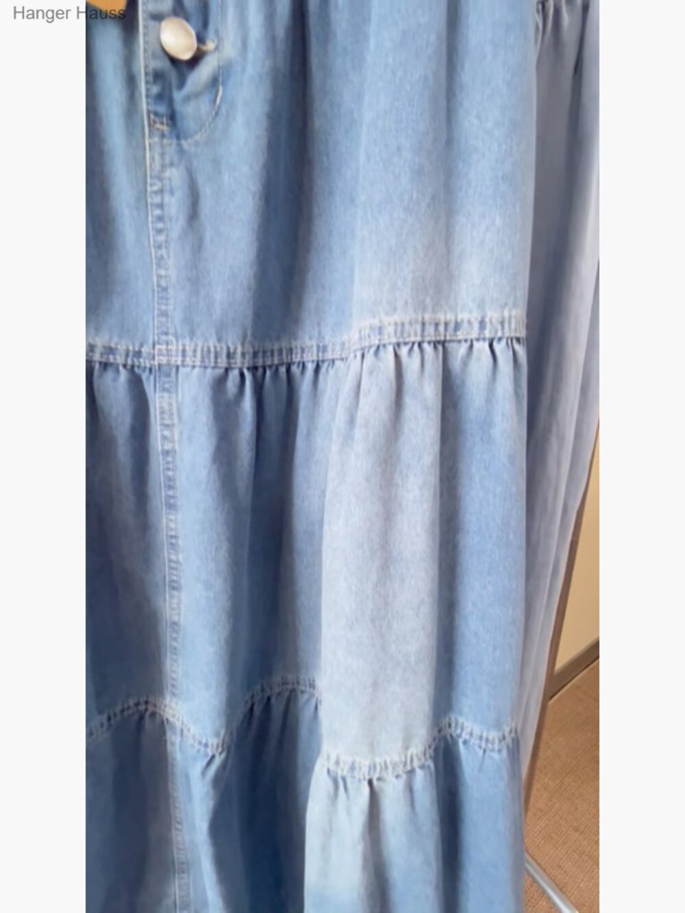 High Waist Long Denim Tiered Ruffle Swing A-Line Maxi Skirt with Pockets - Picture 7 of 7
